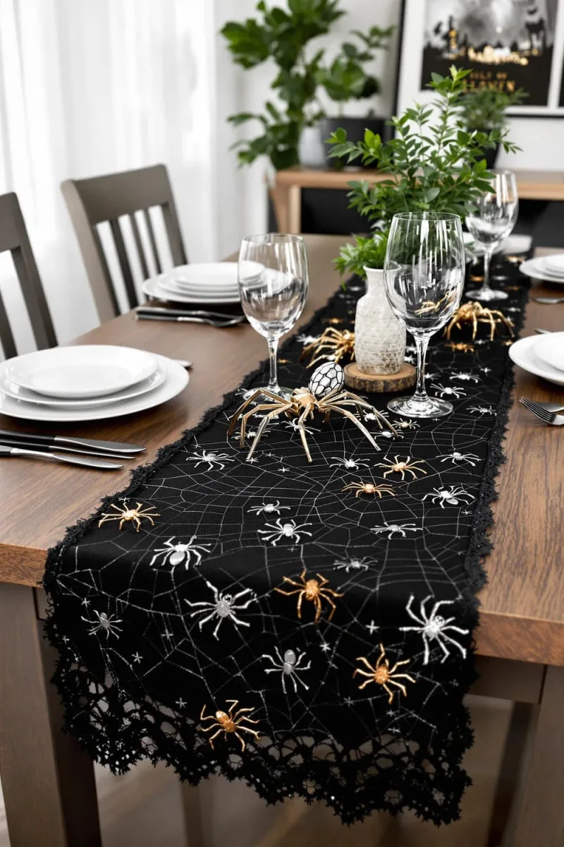 spiderweb table runner with metallic spider accents 1