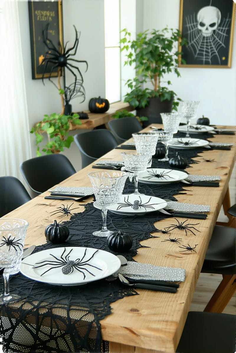 spiderweb table runner with metallic spider accents 1