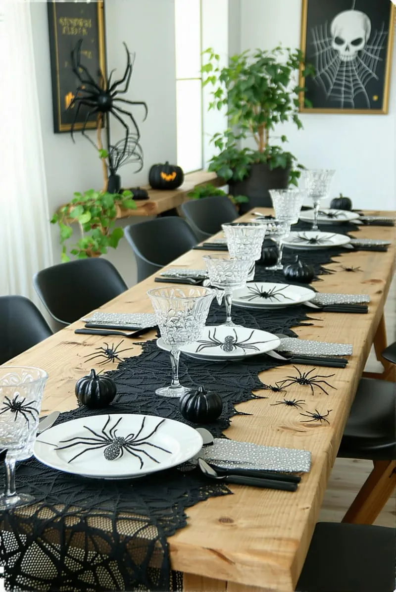 spiderweb table runner with metallic spider accents 1