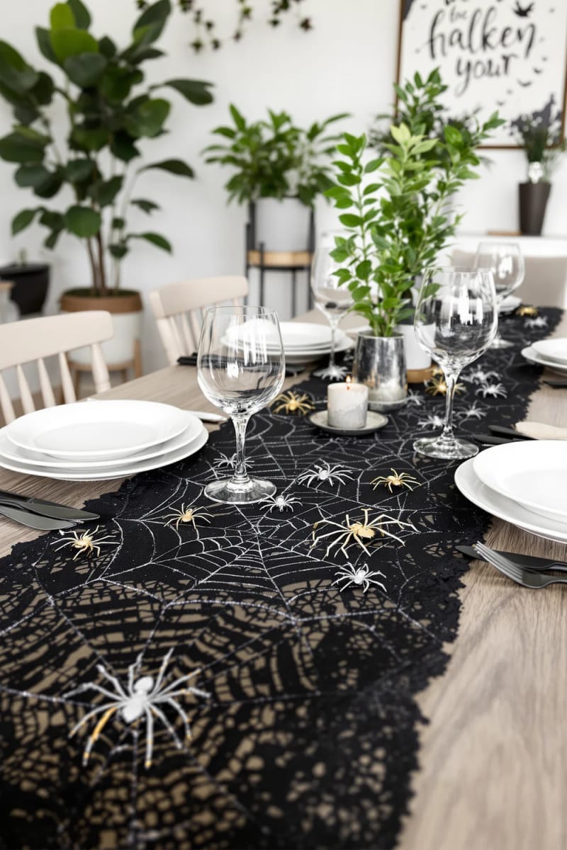 spiderweb table runner with metallic spider accents 1
