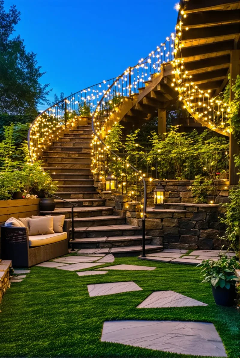 spiral staircase connecting backyard levels, draped in string lights 1