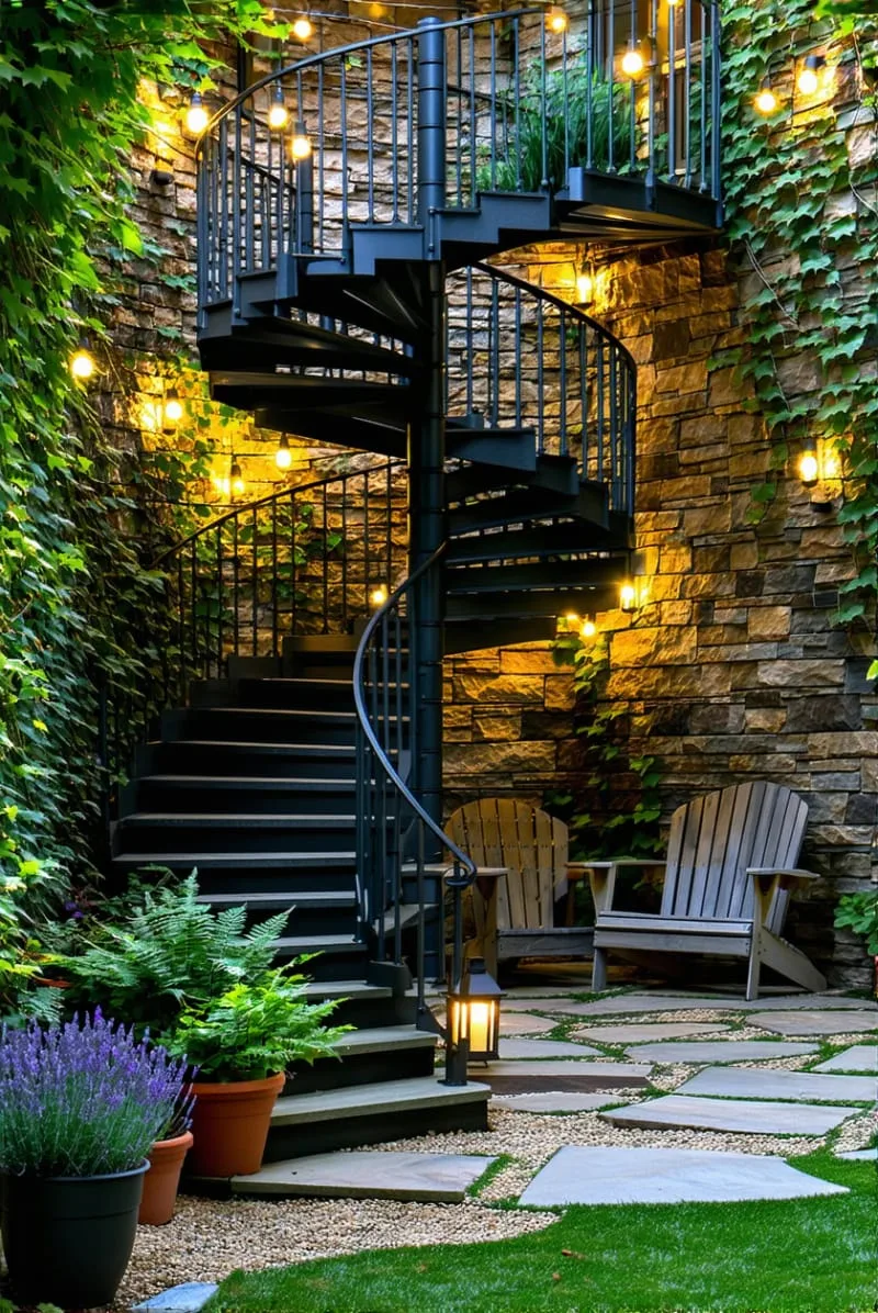 spiral staircase connecting backyard levels, draped in string lights 1