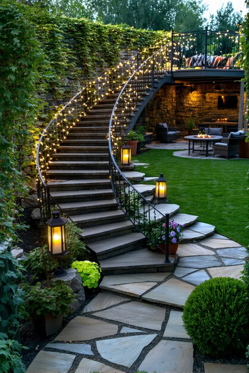 spiral staircase connecting backyard levels, draped in string lights 1