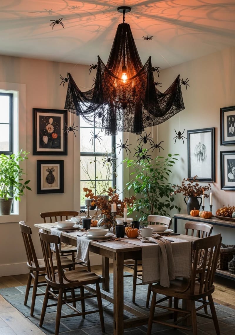 spooky chandelier made from black lace and dangling faux spiders 1