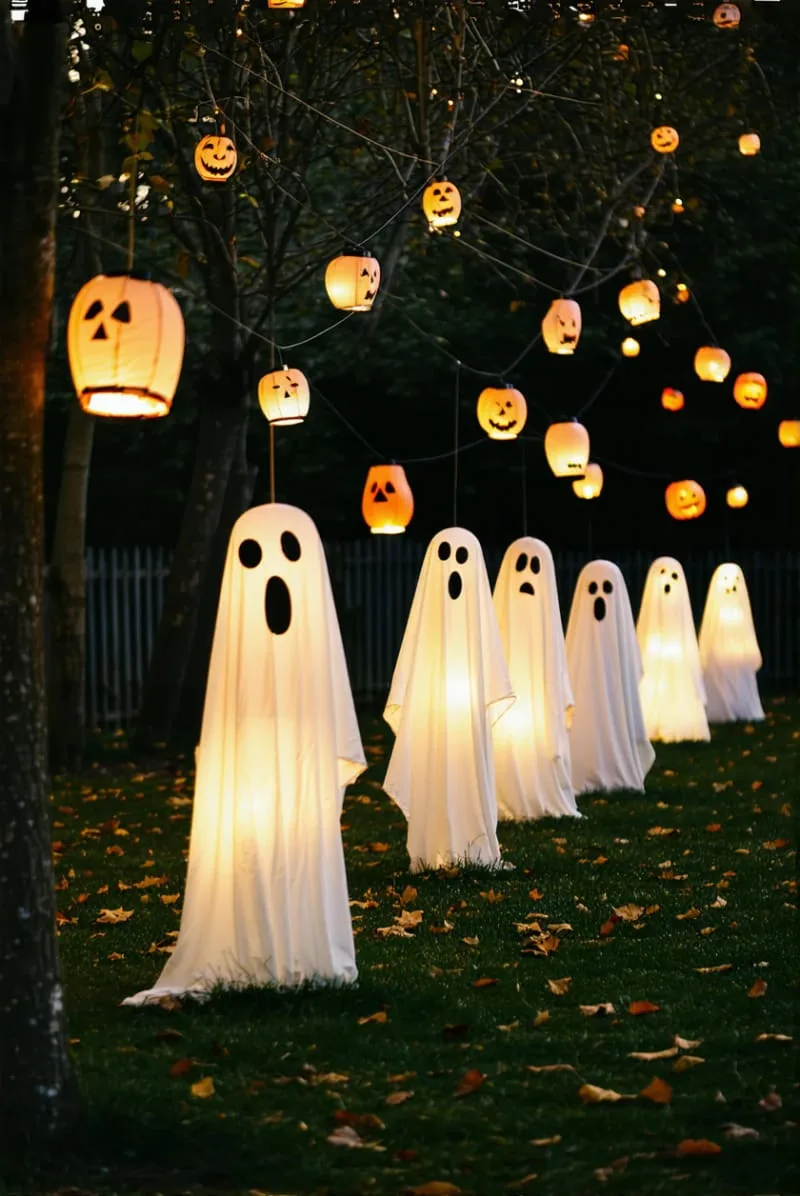 21 Unique Outdoor Halloween Decorations to Try This Year 46 spooky ghost parade using white sheets and hanging lanterns 1