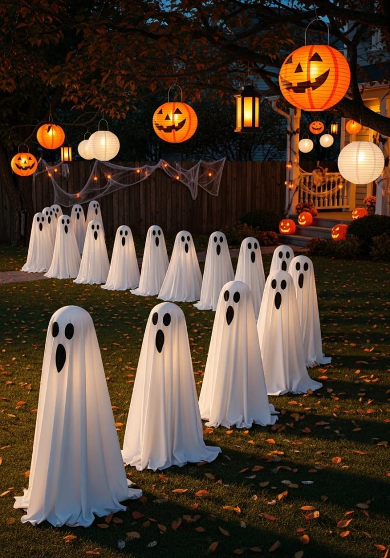 21 Unique Outdoor Halloween Decorations to Try This Year 50 spooky ghost parade using white sheets and hanging lanterns 1