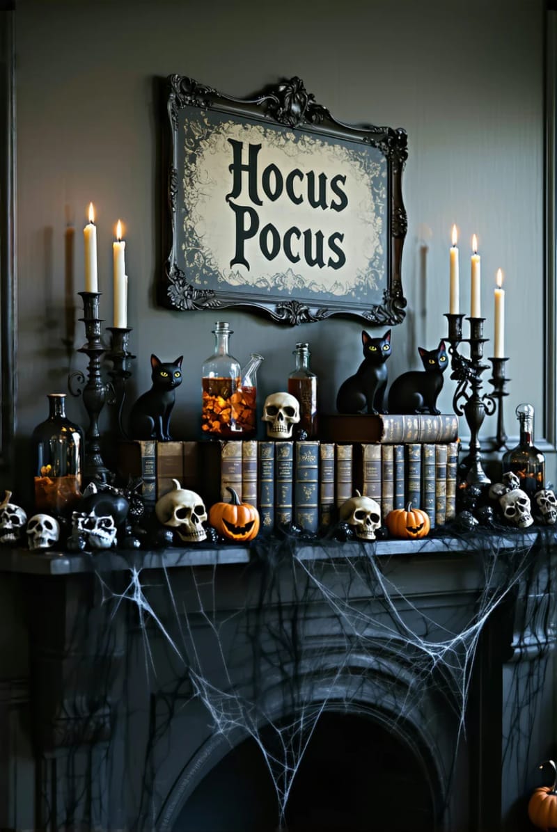 spooky “hocus pocus” sign, potion books, and black cat figurines 1