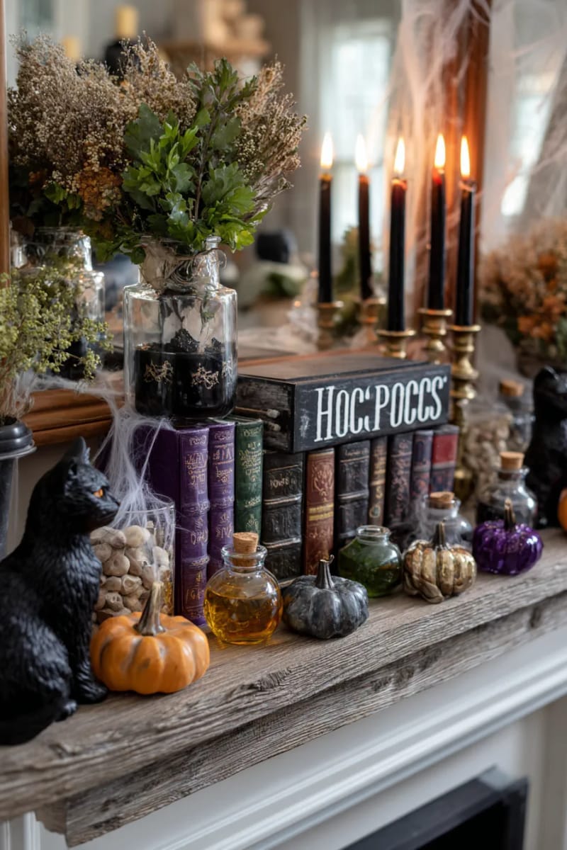 spooky “hocus pocus” sign, potion books, and black cat figurines 1