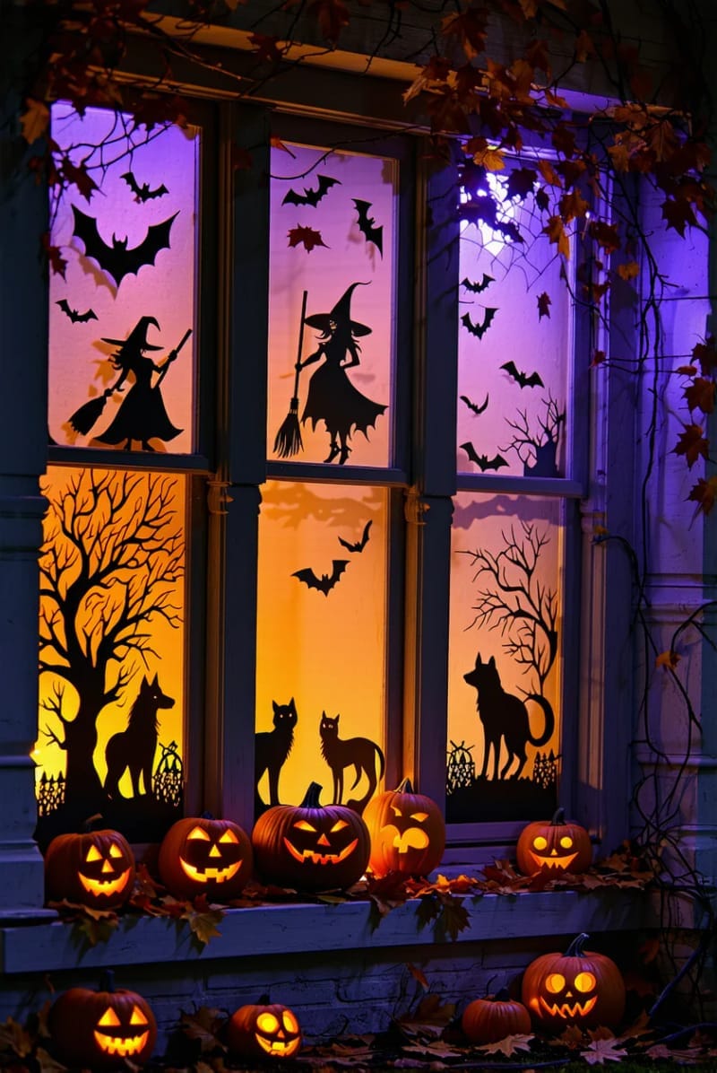 spooky silhouette figures backlit in windows for a haunted house vibe 1