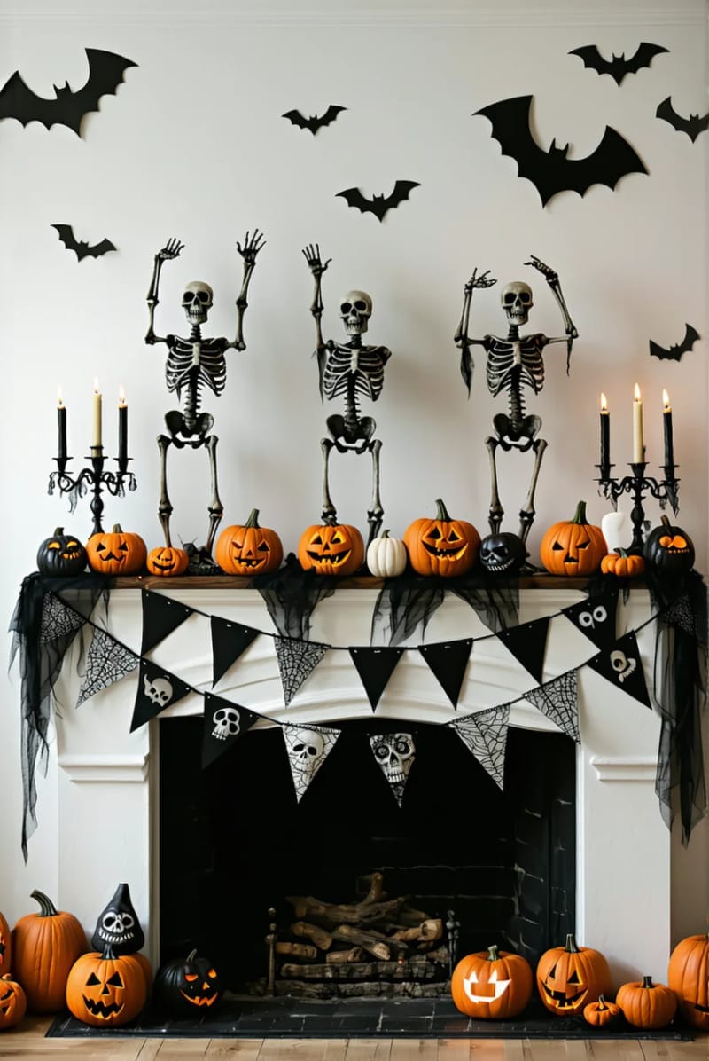 spooky skeleton trio posing behind black-and-white bunting and pumpkin clusters 1