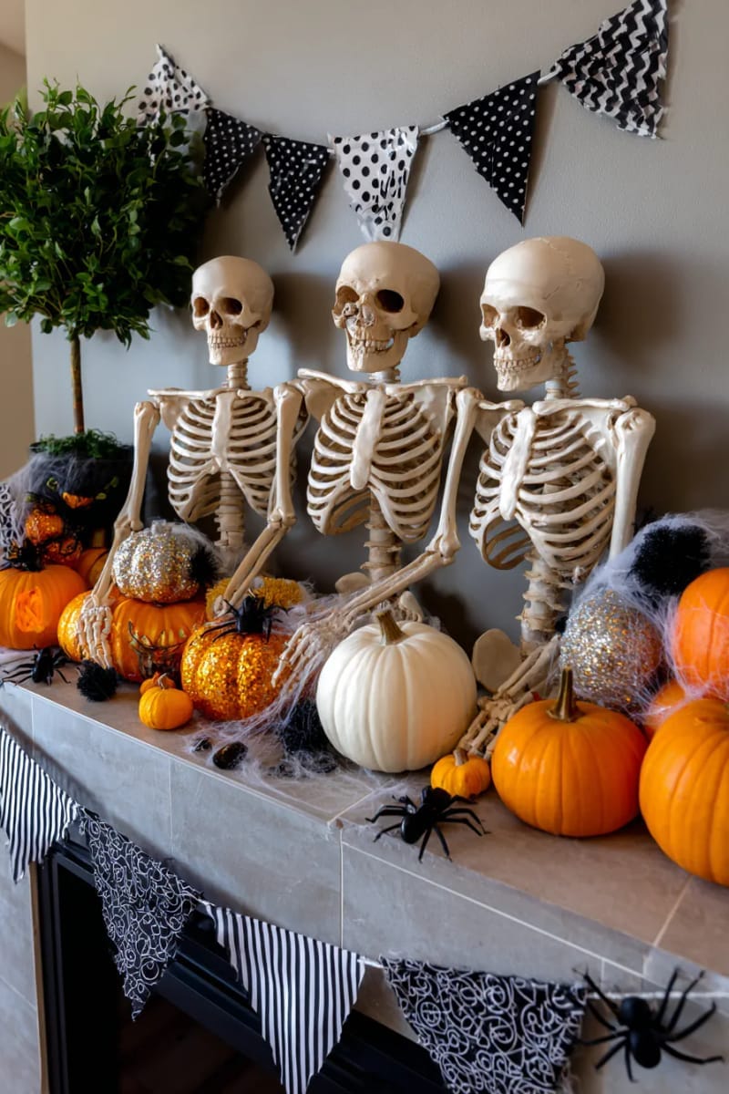 spooky skeleton trio posing behind black-and-white bunting and pumpkin clusters 1
