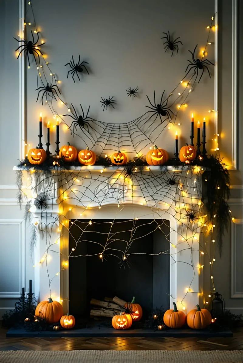 spooky spider web string lights over the fireplace for eerie glow 1