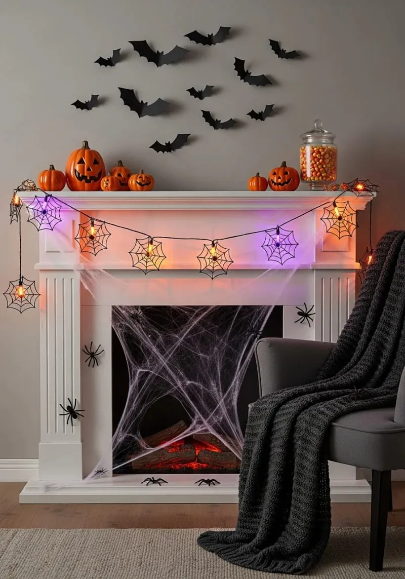spooky spider web string lights over the fireplace for eerie glow 1