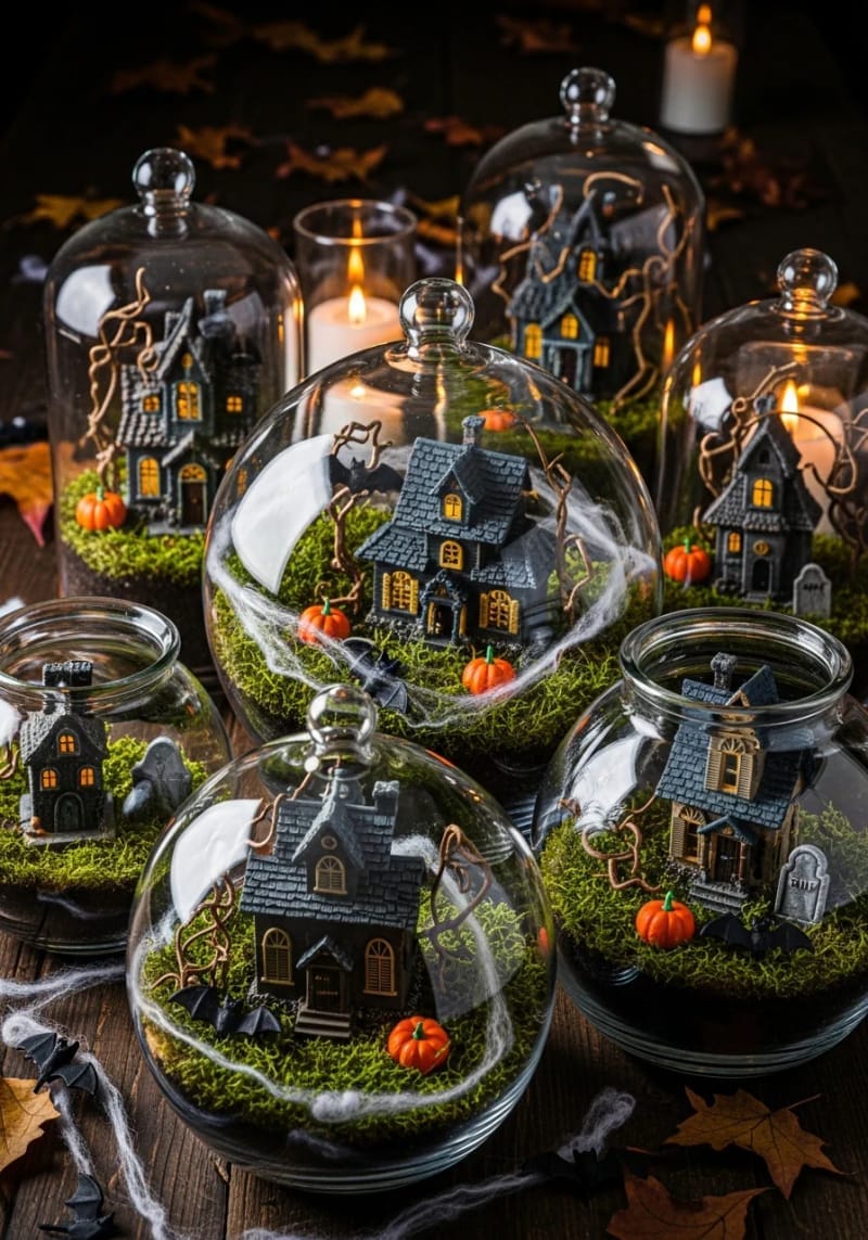 spooky terrariums featuring miniature haunted houses and moss 1