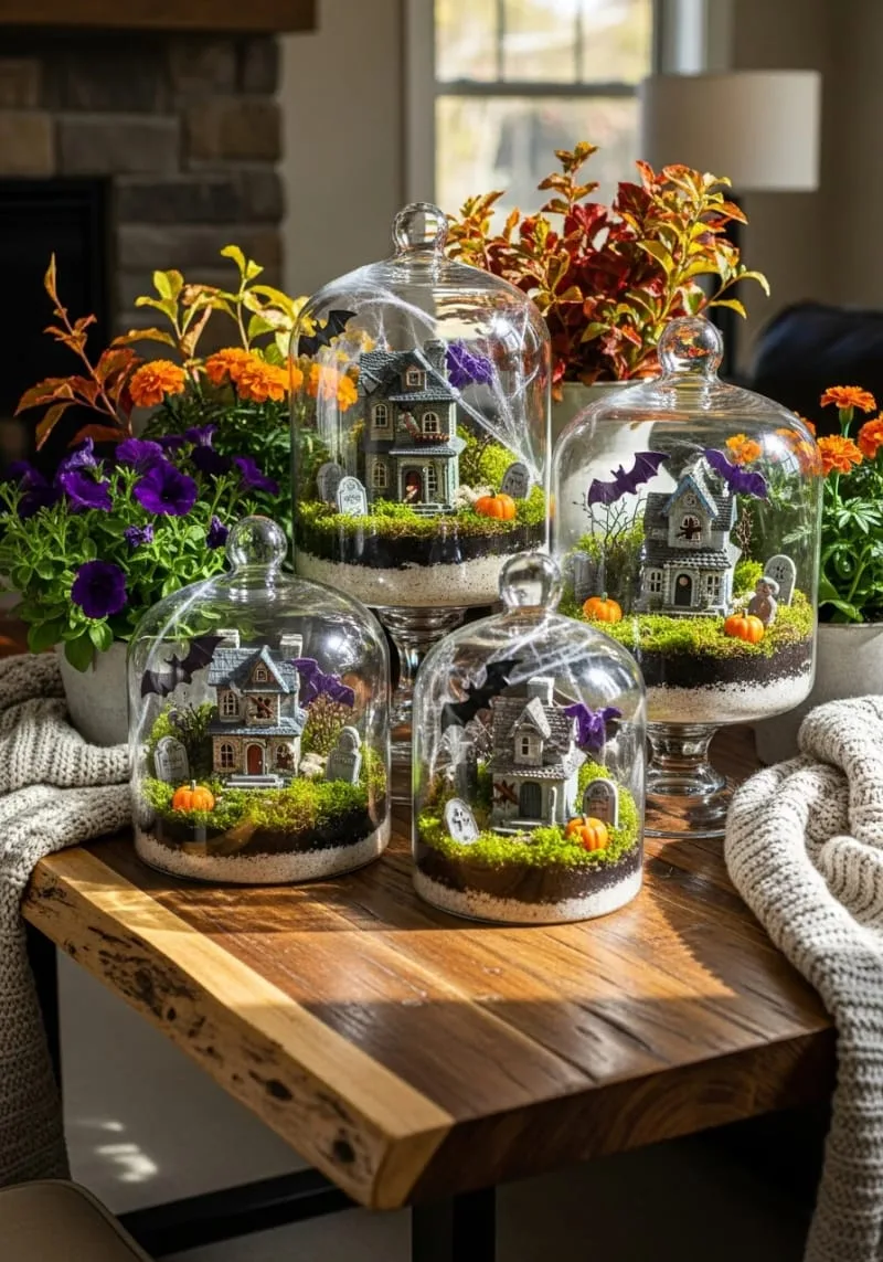 spooky terrariums featuring miniature haunted houses and moss 1