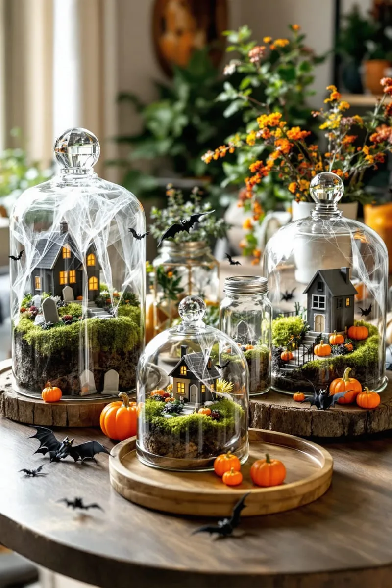 spooky terrariums featuring miniature haunted houses and moss 1