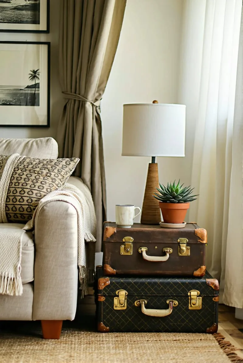 How to Decorate a Small Living Room on a Budget and In Style! 2 stack vintage suitcases as side tables 1