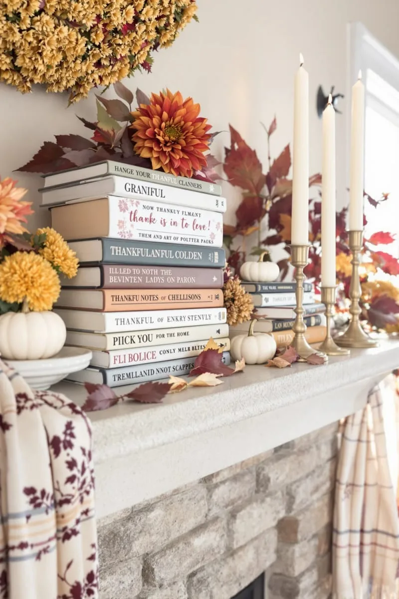 stacked books with handwritten gratitude notes tucked between fall florals 1