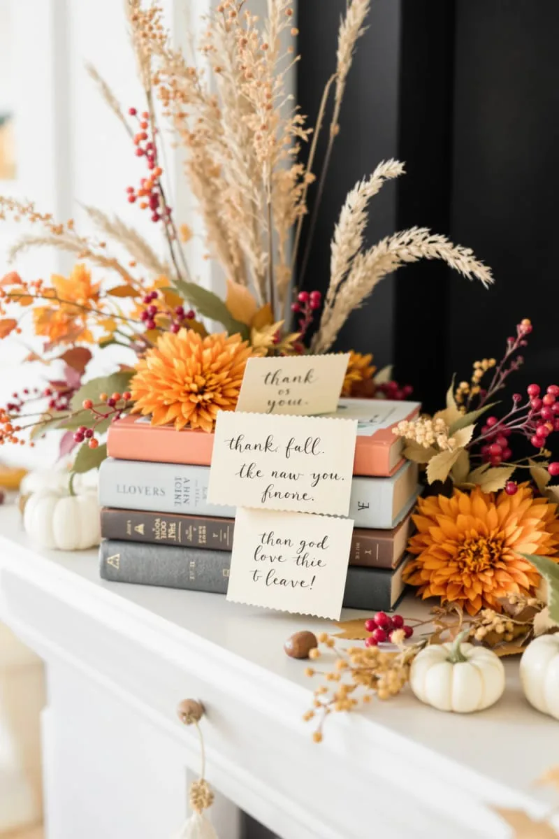 stacked books with handwritten gratitude notes tucked between fall florals 1