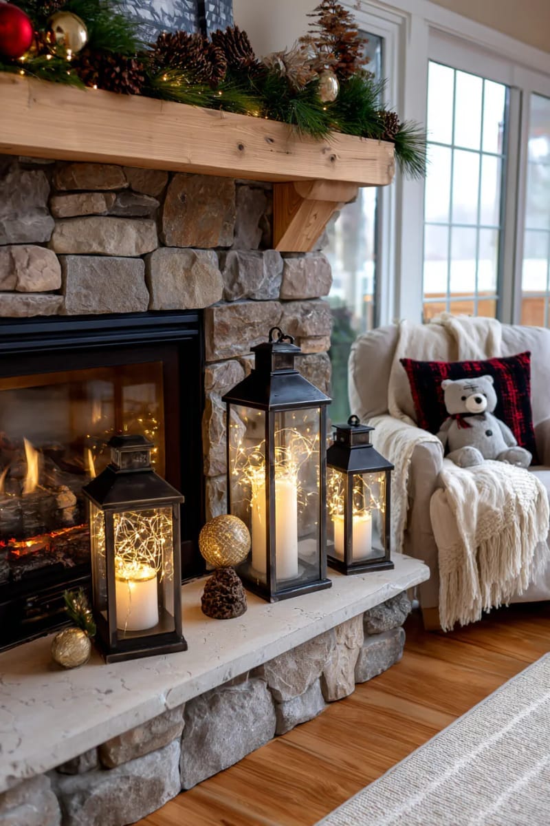 stacked lanterns filled with fairy lights by the fireplace 1