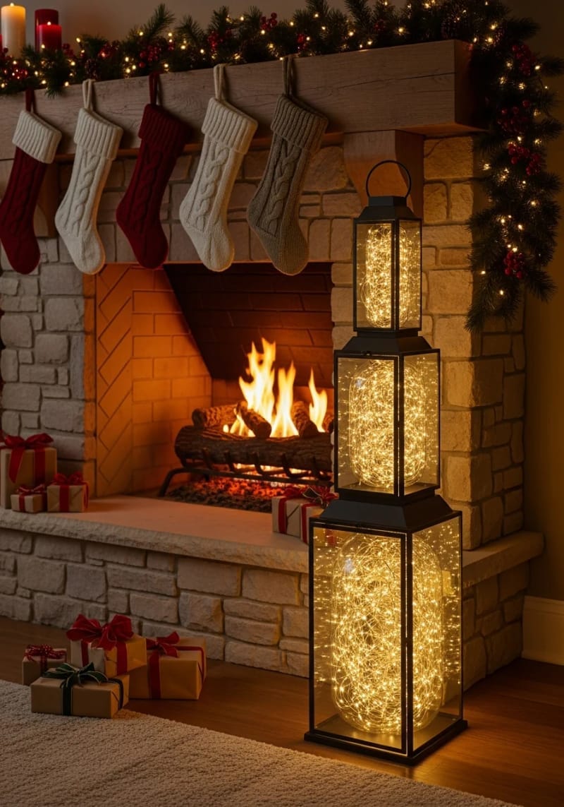 stacked lanterns filled with fairy lights by the fireplace 1