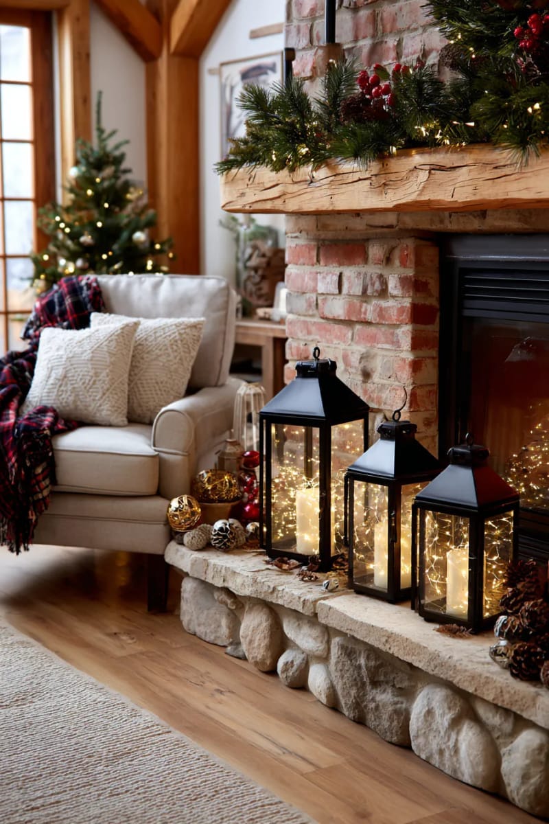 stacked lanterns filled with fairy lights by the fireplace 1
