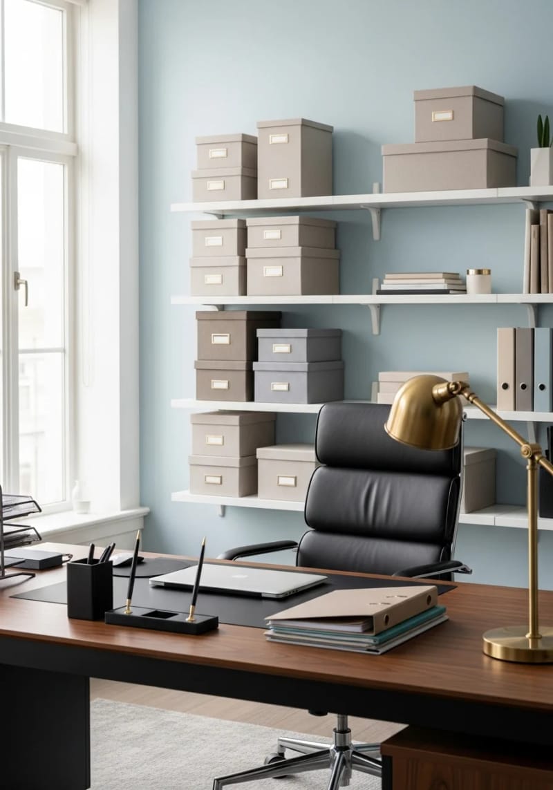 stacked linen storage boxes on floating shelves for sleek organization 1