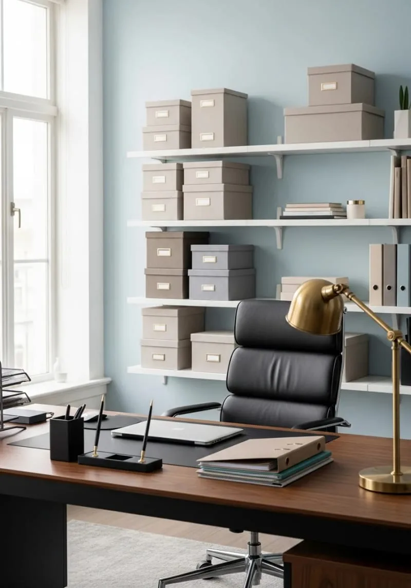 stacked linen storage boxes on floating shelves for sleek organization 1