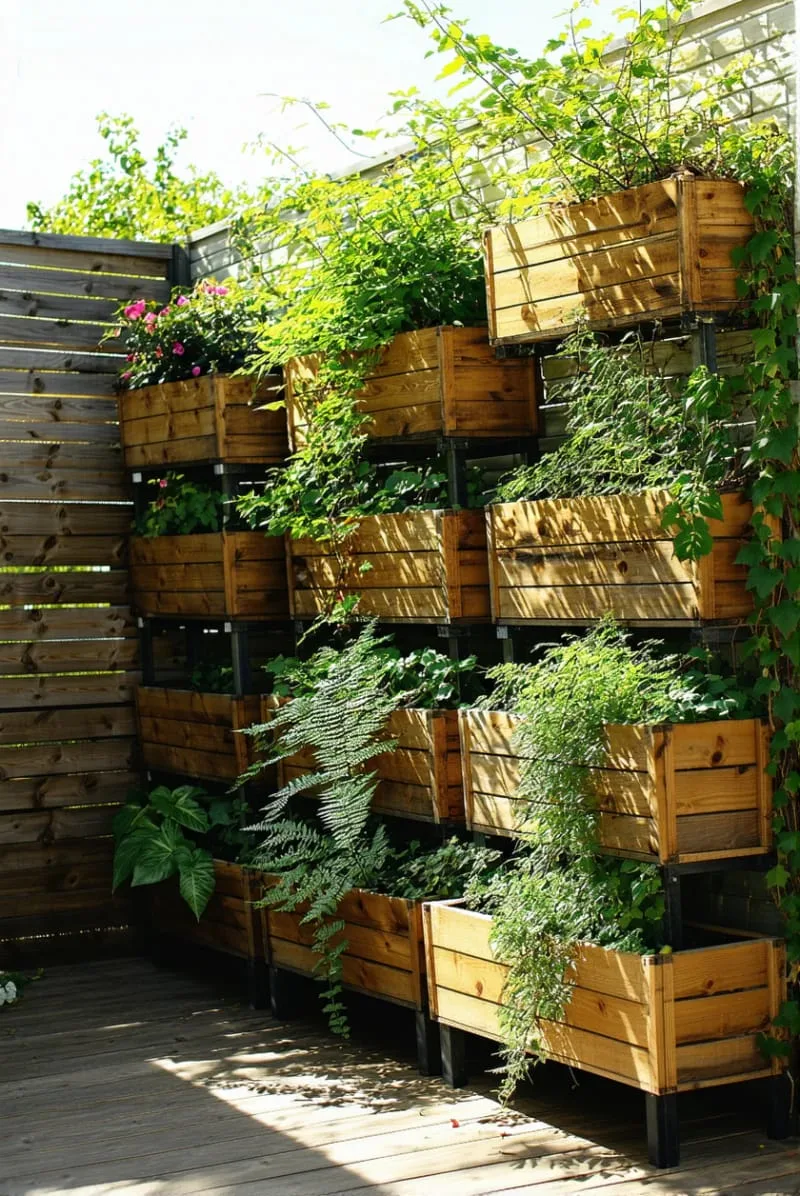 27 Unique Backyard Privacy Designs for A Serene Outdoor Oasis 42 stacked planter boxes brimming with cascading greenery 1