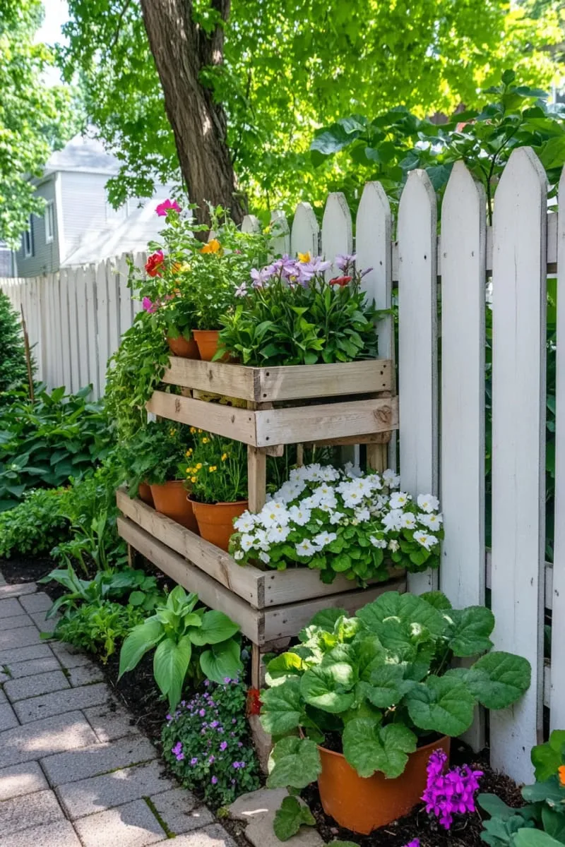 27 Unique Backyard Privacy Designs for A Serene Outdoor Oasis 43 stacked planter boxes brimming with cascading greenery 1