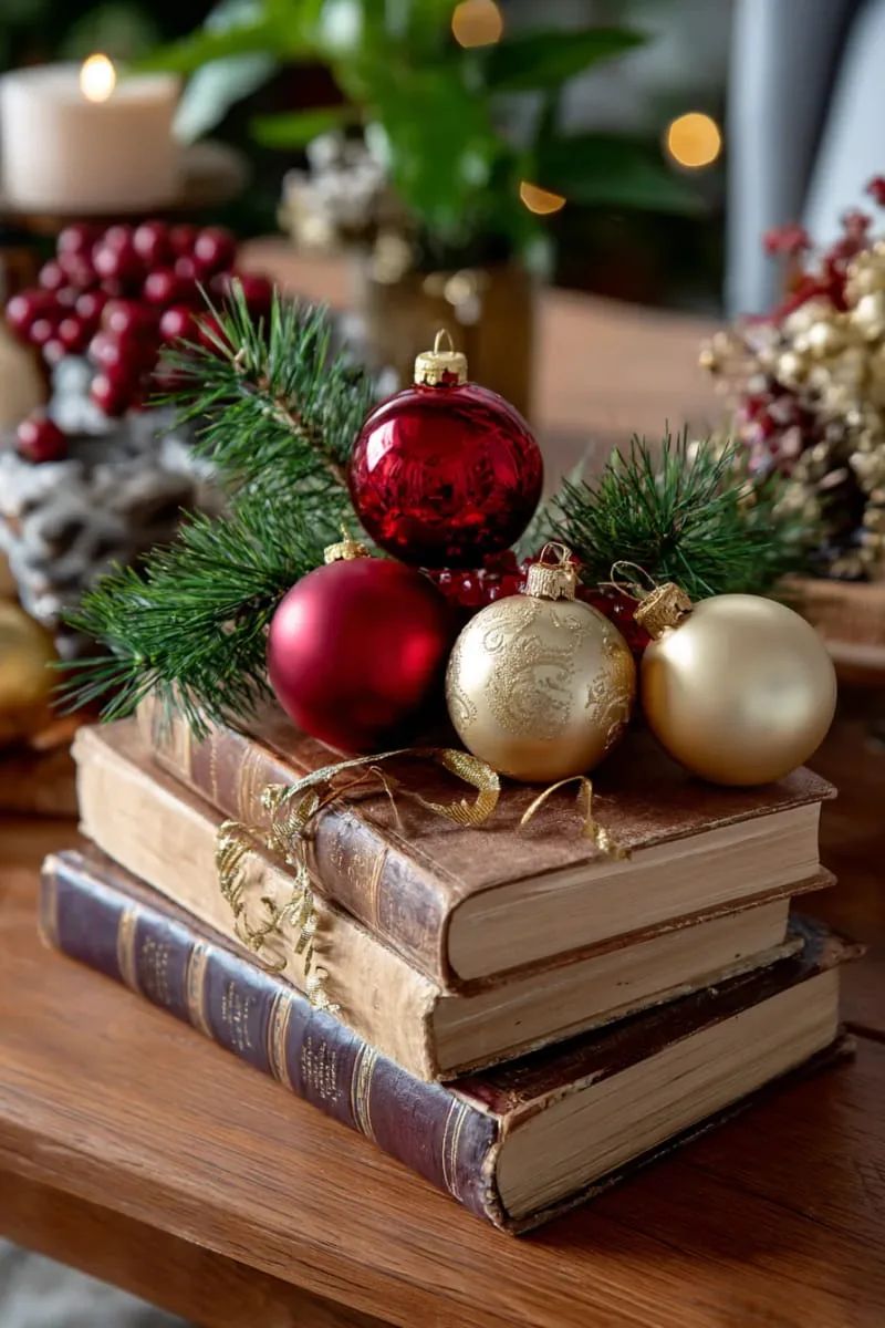 stacked vintage books with red and gold ornaments on top 1