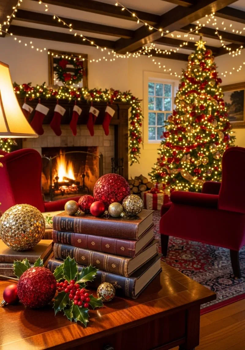 stacked vintage books with red and gold ornaments on top 1