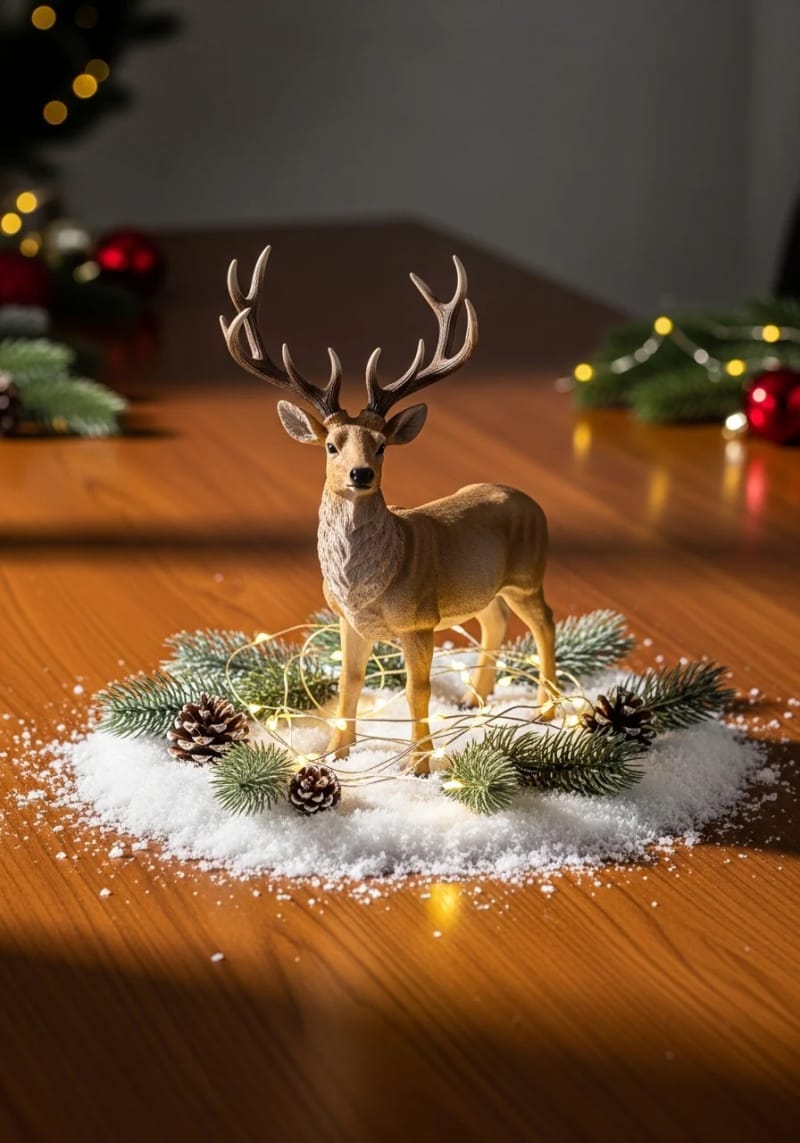 stag figurine centerpiece surrounded by faux snow and twinkle lights 1