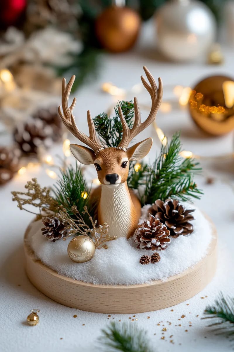 stag figurine centerpiece surrounded by faux snow and twinkle lights 1