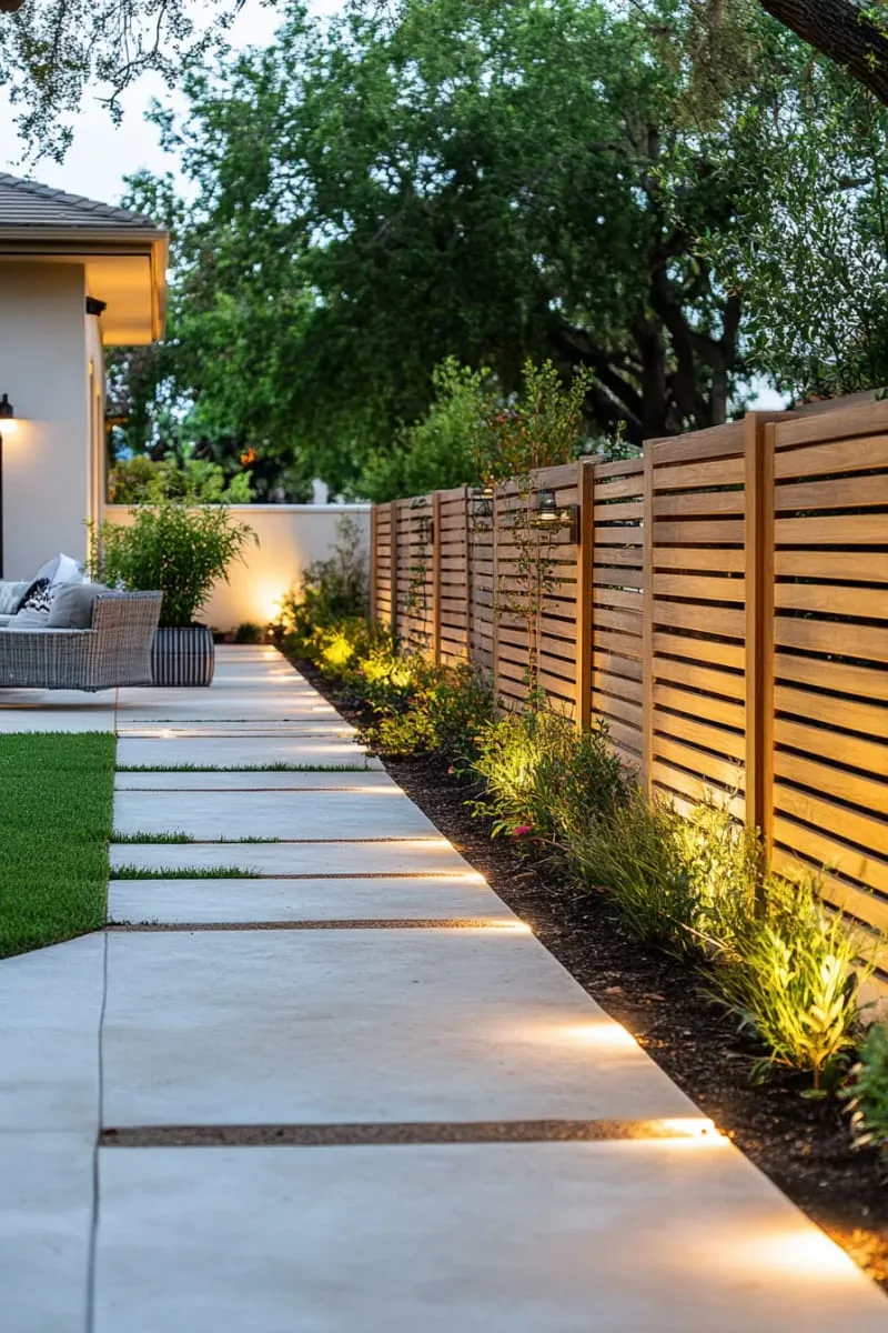 27 Unique Backyard Privacy Designs for A Serene Outdoor Oasis 11 staggered wooden slat fence with integrated lighting 1