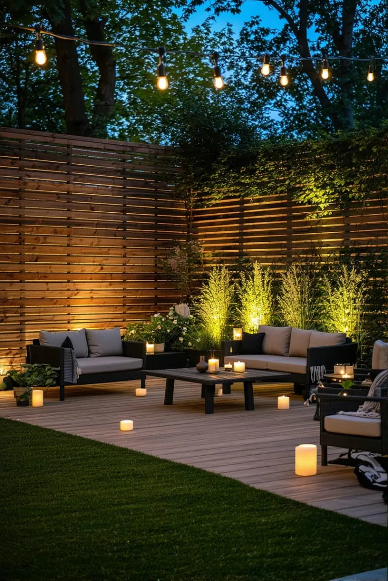27 Unique Backyard Privacy Designs for A Serene Outdoor Oasis 9 staggered wooden slat fence with integrated lighting 1