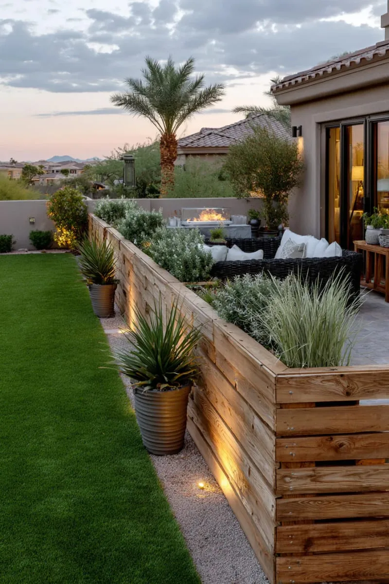 27 Unique Backyard Privacy Designs for A Serene Outdoor Oasis 10 staggered wooden slat fence with integrated lighting 1