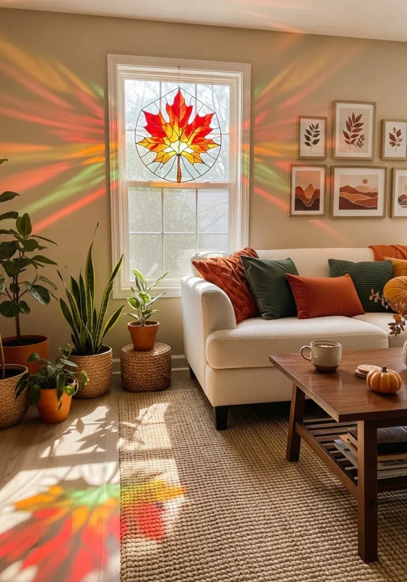 stained glass leaf sun catcher for autumn window sparkle 1