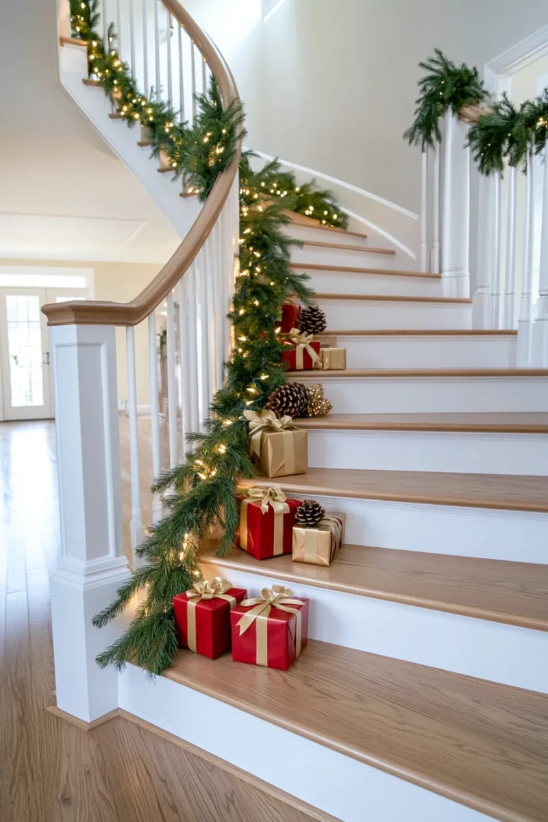 staircase garland with mini red gift boxes and fairy lights 1