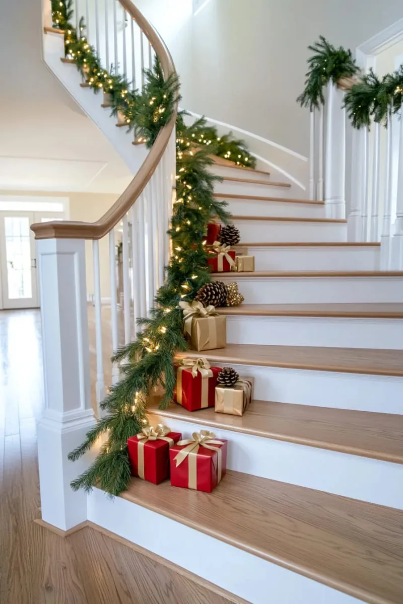 31 Trendy Christmas Decor Ideas for a Magical Home 43 staircase garland with mini red gift boxes and fairy lights 1