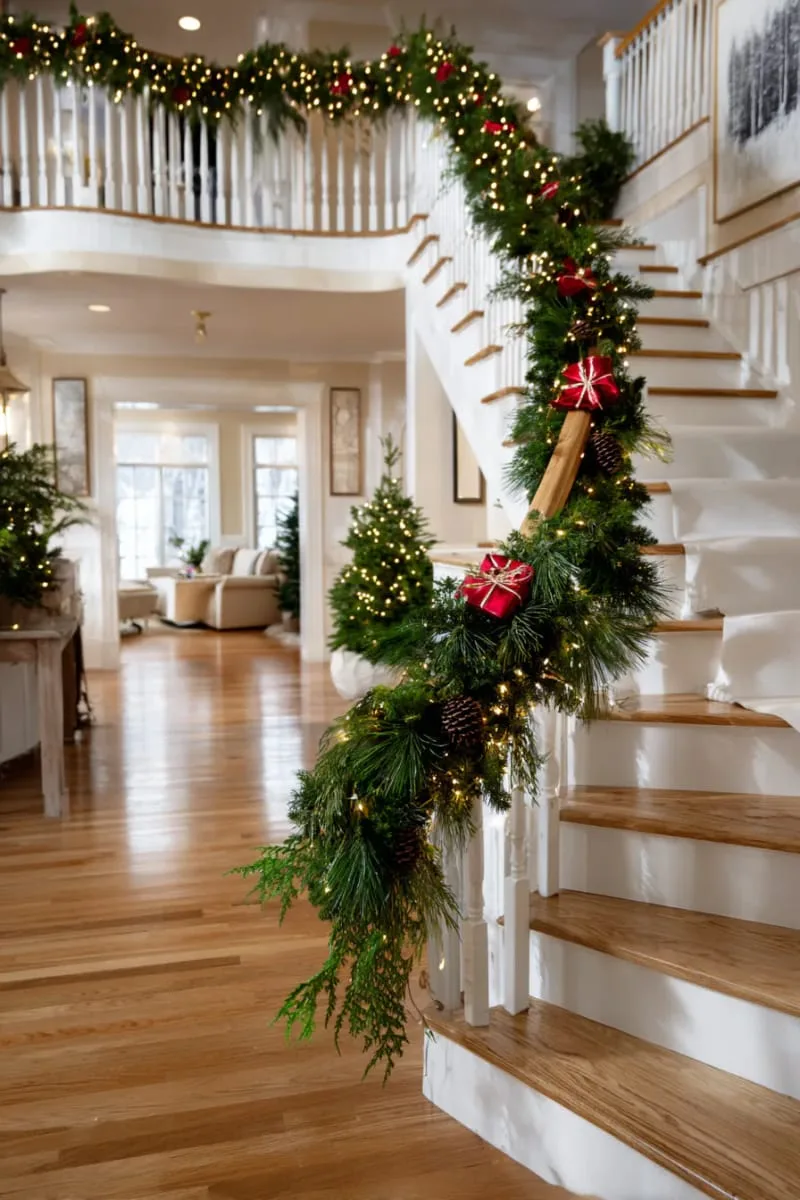 31 Trendy Christmas Decor Ideas for a Magical Home 44 staircase garland with mini red gift boxes and fairy lights 1