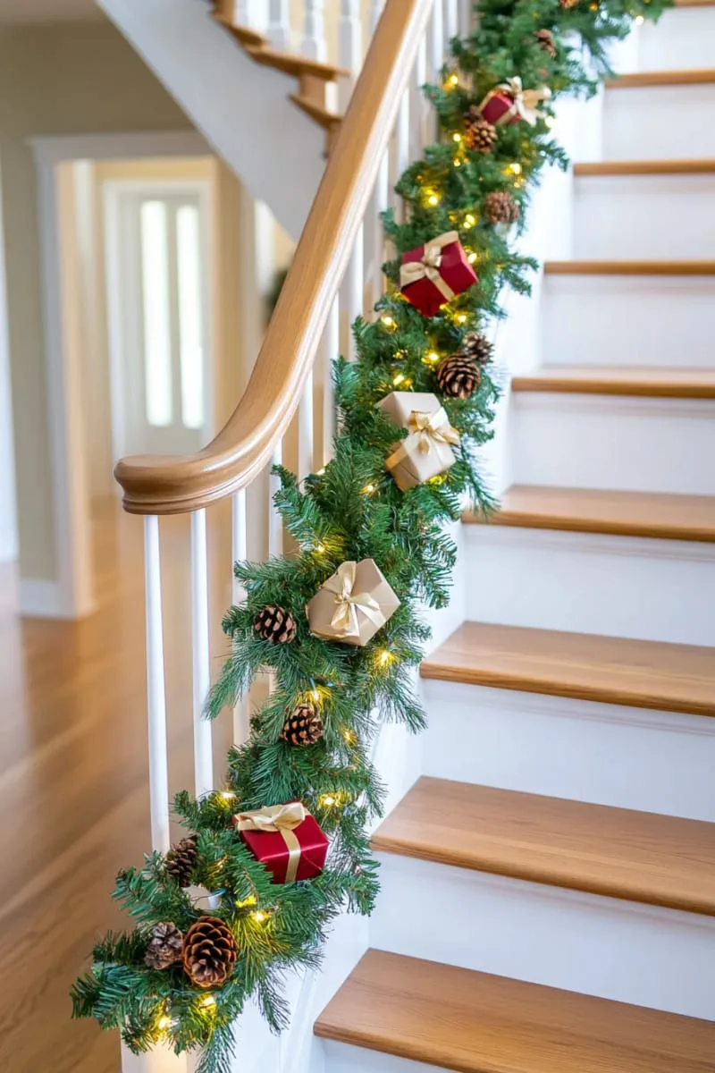 31 Trendy Christmas Decor Ideas for a Magical Home 45 staircase garland with mini red gift boxes and fairy lights 1
