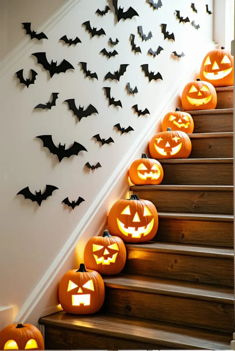 21 Elegant Indoor Halloween Decor Ideas for Modern Spaces 20 staircase lined with black bats and pumpkin lanterns. 1