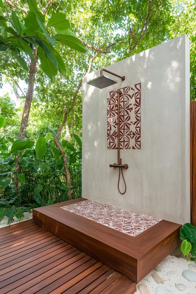 standalone minimalist outdoor shower with geometric concrete tiles 1