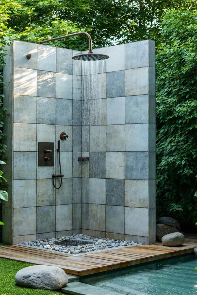 standalone minimalist outdoor shower with geometric concrete tiles 1