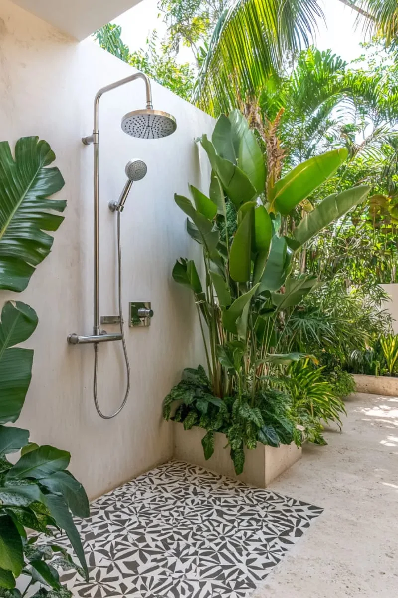 standalone minimalist outdoor shower with geometric concrete tiles 1