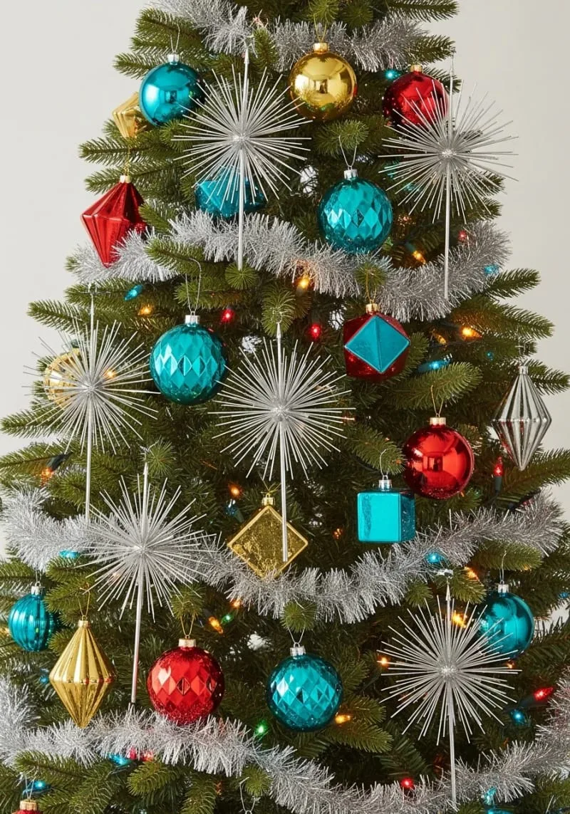 31 Dreamy Christmas Tree Decorations for a Unique Festive Touch 41 starburst metallic toppers and geometric ornaments for a retro christmas vibe 1