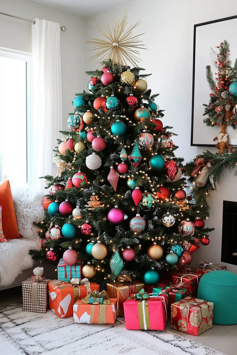 31 Dreamy Christmas Tree Decorations for a Unique Festive Touch 42 starburst metallic toppers and geometric ornaments for a retro christmas vibe 1