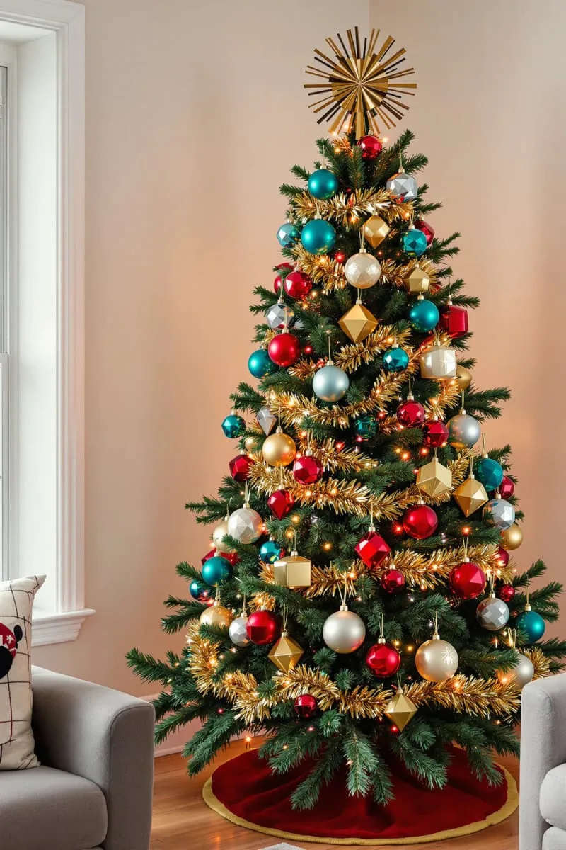 31 Dreamy Christmas Tree Decorations for a Unique Festive Touch 43 starburst metallic toppers and geometric ornaments for a retro christmas vibe 1