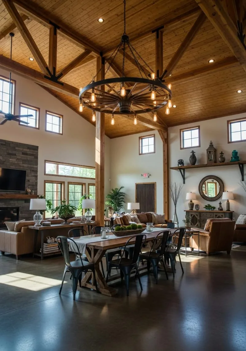 29 Unique Barndominium Interiors For Your Next Makeover 56 statement lighting made from upcycled wagon wheels 1